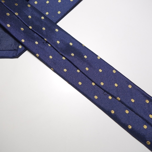 Vintage Chanel Paris Navy Blue & Yellow Polka Dot Silk Tie w/ Green Chanel Crest - Picture 5 of 6